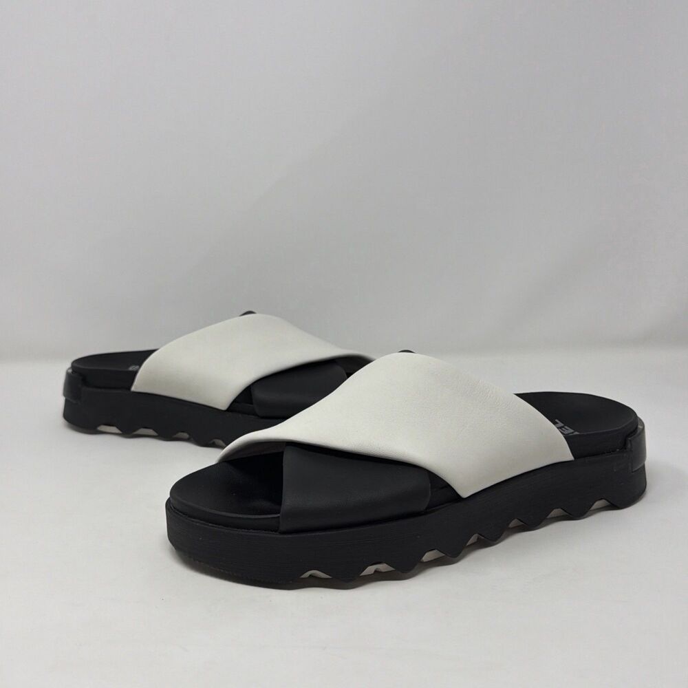 Sorel Viibe Crisscross Slide Sandals Black Sea Salt Leather Platform Womens 8